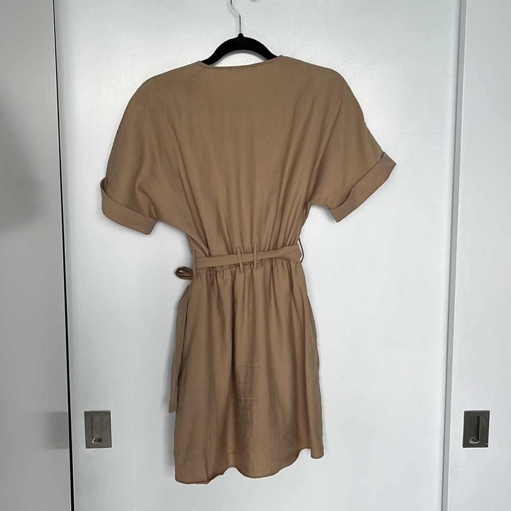 Zara Tie-Waist Button-Front Mini Dress | Beige/Tan | Size Small - Picture 3 of 3